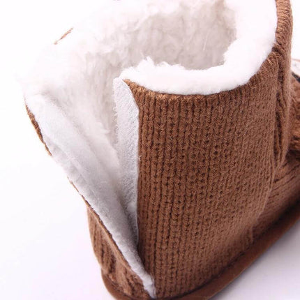 Bear Knit Baby Boots For Fall Winter Warm Coffee Gray - close-up of soft knit boot with plush white lining, low-profile sole for infants