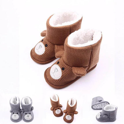 Bear Knit Baby Boots For Fall Winter Warm Coffee Gray - soft knit infant boots with fleece lining, early walker sole, fits over socks, casual nursery outfit