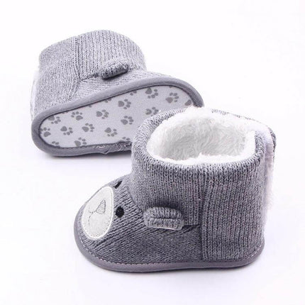 Bear Knit Baby Boots For Fall Winter Warm Coffee Gray - soft knit gray infant boots with fleece lining, low-profile sole, paw-print grip, sizes US1–US3