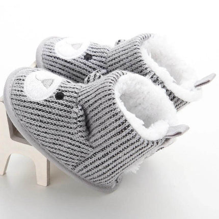 Bear Knit Baby Boots For Fall Winter Warm Coffee Gray - gray knit infant boots with teddy face, soft faux-fur lining, low-profile sole for early walkers