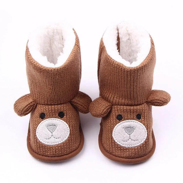 Bear Knit Baby Boots For Fall Winter Warm Coffee Gray - soft knit infant boots with bear face, low-profile sole for early walkers, fits over socks