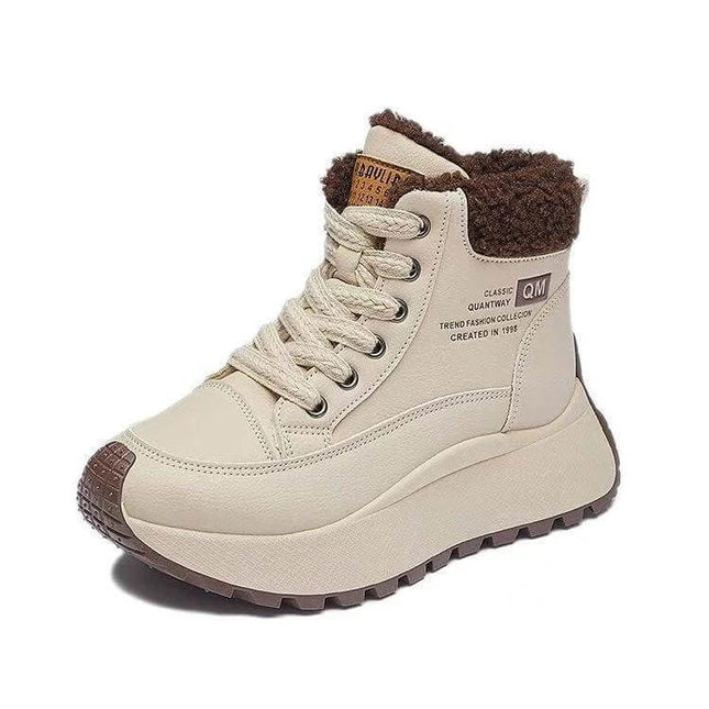 High Top Fleece Lined Dad Sneakers For Winter Casual Wear - beige high-top wedge with fleece lining and rubber outsole