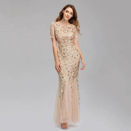 Evening Dress Floor-Length For Formal Occasions You Can Wear - nude embellished round-neck lace embroidery gown