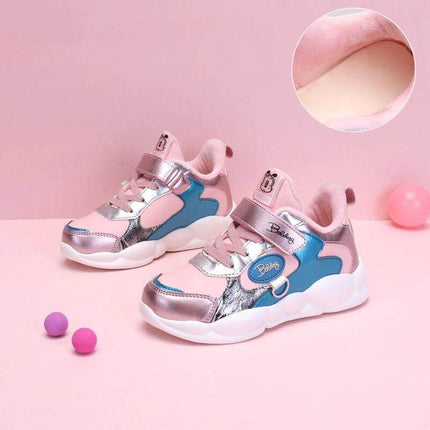 Plush Girls Casual Velcro Sneakers Soft Slip On Shoes Beige breathable plush lining, single velcro strap, flat MD sole for school and play
