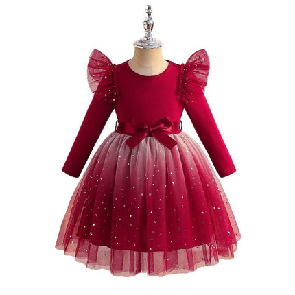 Gradient Multicolor Girls Long-Sleeve Tulle Dress with Waist Belt in burgundy with bow and sparkly ombre tulle for girls ages 3-10