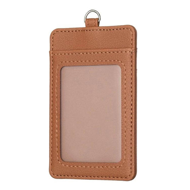 BFK15 Vertical ID Card Bag With Lanyard For Slim Everyday Use - slim brown PU leather vertical ID holder with clear window and lanyard ring