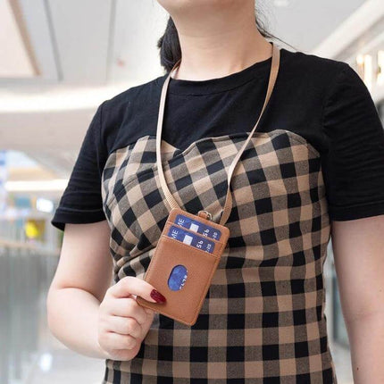 BFK15 Vertical ID Card Bag With Lanyard For Slim Everyday Use - brown PU leather vertical ID holder worn on neck with slim lanyard, clear window and card slots