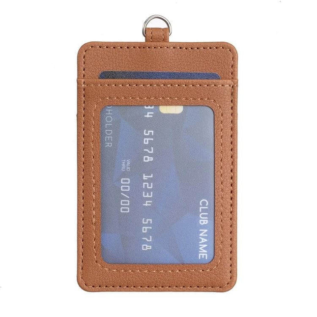 BFK15 Vertical ID Card Bag With Lanyard For Slim Everyday Use slim brown PU leather vertical ID holder with clear window and card slot