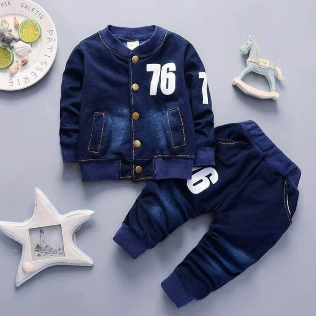 Bibicola Boys Denim Long Sleeve Casual Suit Two Piece Set navy toddler two-piece with '76' sport print, cotton-blend jacket and matching pants for everyday wear