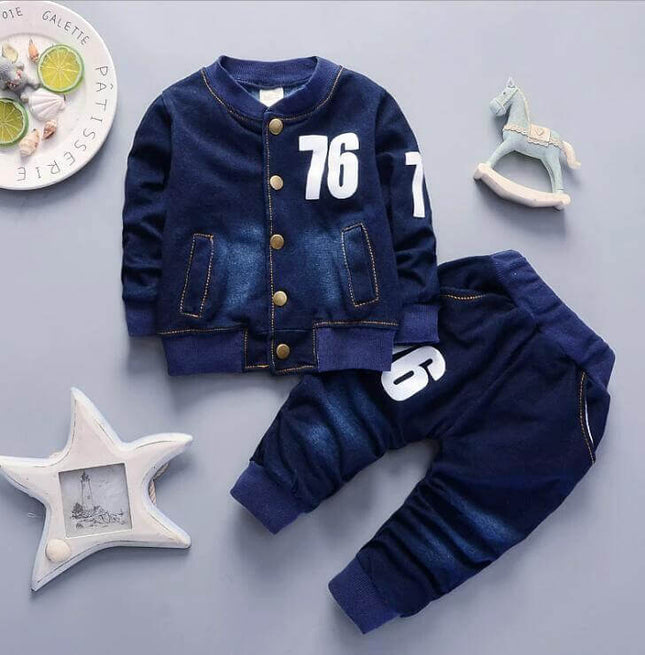 Bibicola Boys Denim Long Sleeve Casual Suit Two Piece Set navy toddler two-piece with '76' sport print, cotton-blend jacket and matching pants for everyday wear