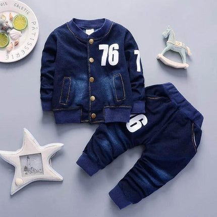 Bibicola Boys Denim Long Sleeve Casual Suit Two Piece Set navy toddler denim jacket and pants with number 76, cotton blend casual outfit for spring