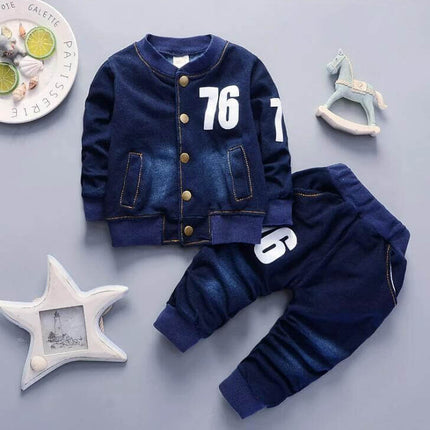 Bibicola Boys Denim Long Sleeve Casual Suit Two Piece Set navy toddler denim jacket and pants outfit with white 76 print for spring
