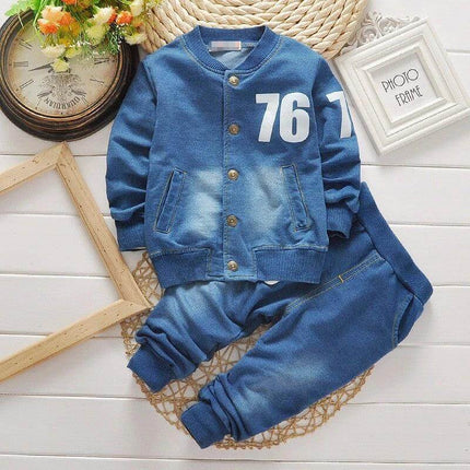 Bibicola Boys Denim Long Sleeve Casual Suit Two Piece Set - toddler denim jacket and pants blue cotton blend outfit for spring photos and everyday wear
