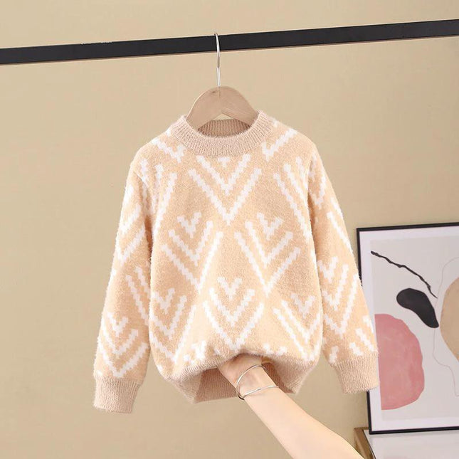 Big Children's Mink Wool Pullover Sweater for Everyday Warmth - beige Korean-style knit with white pattern, soft imitation mink velvet for kids sizes 110–160 cm