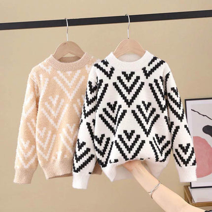 Big Children's Mink Wool Pullover Sweater for Everyday Warmth - two patterned kids' knit pullovers in beige and white, cozy Korean-style velvet look