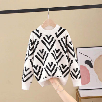 Big Children's Mink Wool Pullover Sweater for Everyday Warmth - white black Korean-style knit geometric pattern, soft faux-mink pullover for kids sizes 110–160
