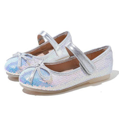 Big Kids Sequined Princess Shoes With Soft Rubber Sole - silver sequin Mary Jane with bow, non-slip soft rubber sole for school parties and daily wear