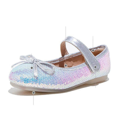 Big Kids Sequined Princess Shoes With Soft Rubber Sole, silver sequin Mary Jane with bow, non-slip soft rubber sole, breathable lining, school/party shoe