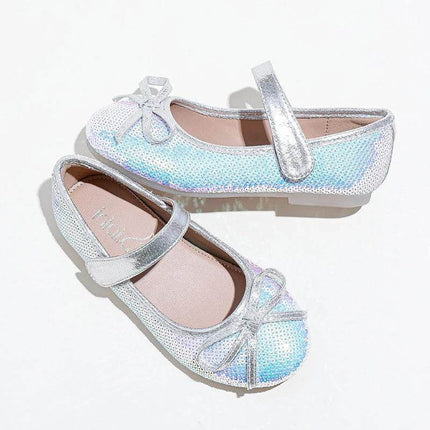 Big Kids Sequined Princess Shoes With Soft Rubber Sole - silver sequin low-tube Mary Jane with bow, breathable lining and non-slip soft rubber sole