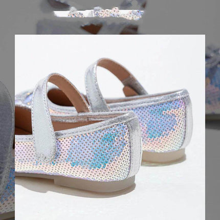 Big Kids Sequined Princess Shoes With Soft Rubber Sole - silver sequin Mary Jane with soft non-slip rubber sole for parties and school events