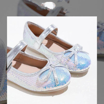 Big Kids Sequined Princess Shoes With Soft Rubber Sole - silver sequin Mary Jane with bow, non-slip soft rubber sole, breathable lining, school party wear