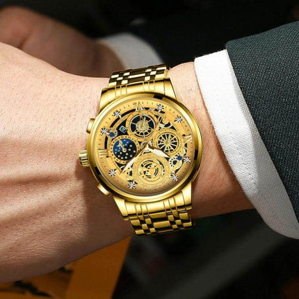 BINBOND 42mm Luminous Waterproof Quartz Watch With Steel Band gold skeleton dial on wrist, luminous hands, stainless steel band, everyday waterproof style