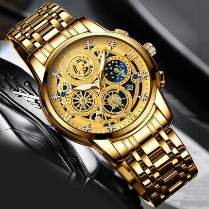 BINBOND 42mm Luminous Waterproof Quartz Watch With Steel Band - gold metal case and steel band, luminous hands, tempered glass, everyday waterproof design
