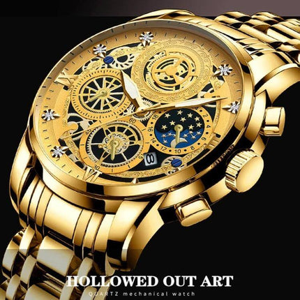 BINBOND 42mm Luminous Waterproof Quartz Watch With Steel Band gold skeleton dial luminous hands stainless steel bracelet