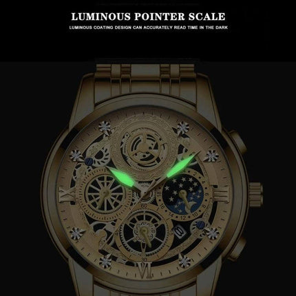 BINBOND 42mm Luminous Waterproof Quartz Watch With Steel Band - gold-tone dial showing luminous green hands and skeleton movement, stainless steel band