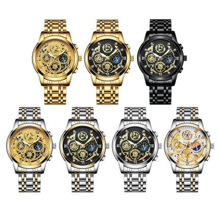 BINBOND 42mm Luminous Waterproof Quartz Watch With Steel Band showcasing seven metal bracelet models in gold, black and silver for daily wear