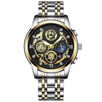 BINBOND 42mm Luminous Waterproof Quartz Watch With Steel Band - two-tone steel band, luminous black skeleton dial, tempered glass, everyday office wear