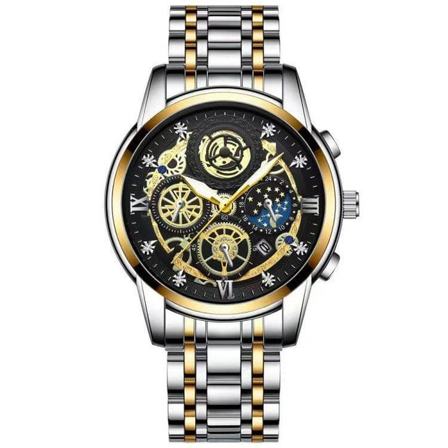 BINBOND 42mm Luminous Waterproof Quartz Watch With Steel Band - two-tone steel band, luminous black skeleton dial, tempered glass, everyday office wear