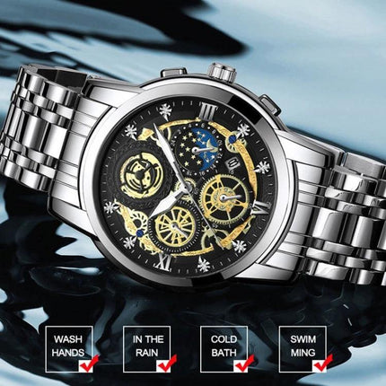 BINBOND 42mm Luminous Waterproof Quartz Watch With Steel Band — stainless steel everyday luminous dial watch, water-resistant for hand wash and rain
