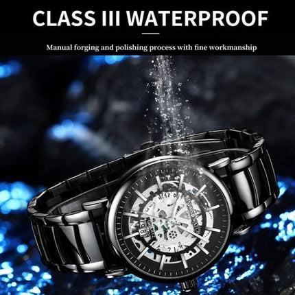 BINBOND Multifunctional Luminous Waterproof 44mm Mens Wrist Watch showing black metal bracelet, skeleton dial, luminous hands, water splash demonstration