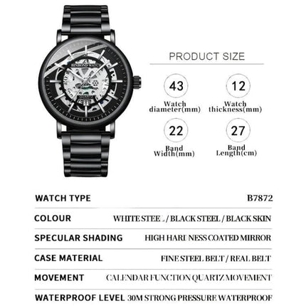 BINBOND Multifunctional Luminous Waterproof 44mm Mens Wrist Watch black steel band skeleton dial with date and luminous hands