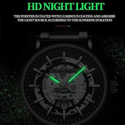 BINBOND Multifunctional Luminous Waterproof 44mm Mens Wrist Watch showing luminous green hands on skeleton dial, black case and date display