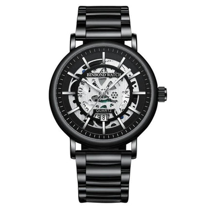 BINBOND Multifunctional Luminous Waterproof 44mm Mens Wrist Watch black stainless steel skeleton dial with luminous hands and date display