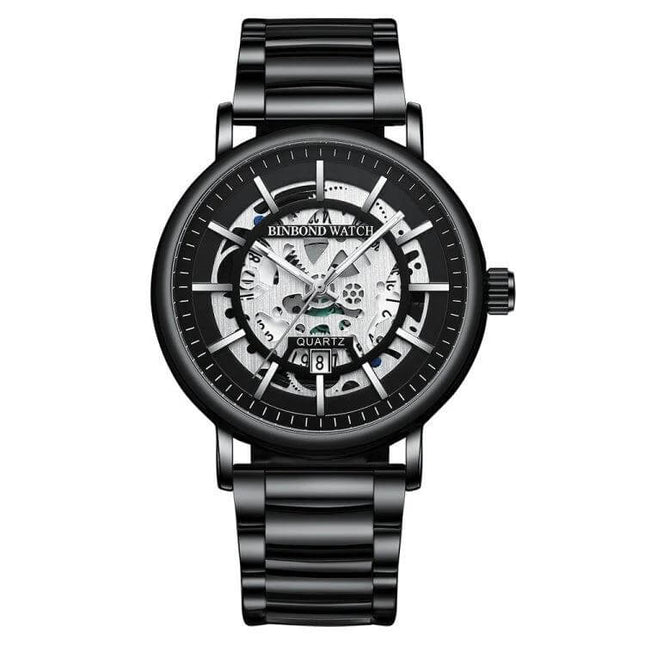 BINBOND Multifunctional Luminous Waterproof 44mm Mens Wrist Watch black stainless steel skeleton dial with luminous hands and date display