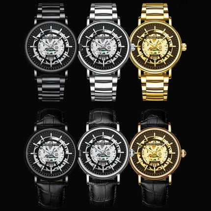 BINBOND Multifunctional Luminous Waterproof 44mm Mens Wrist Watch showing six variants with metal and leather straps, luminous hands and date display