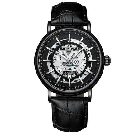 BINBOND Multifunctional Luminous Waterproof 44mm Mens Wrist Watch - black leather strap, skeleton dial, luminous hands, date display, 44mm case