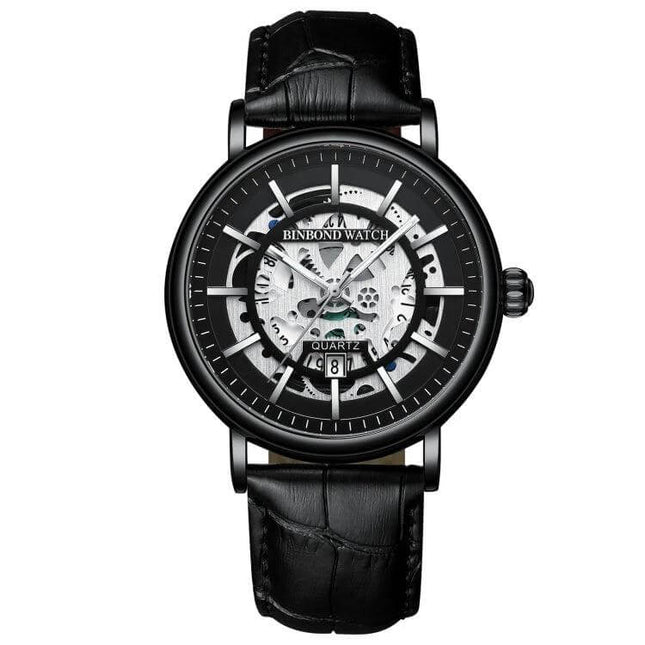BINBOND Multifunctional Luminous Waterproof 44mm Mens Wrist Watch - black leather strap, skeleton dial, luminous hands, date display, 44mm case
