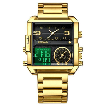 Binbond Sports Quartz Watch 45mm Stainless Steel Strap gold dual-display watch with analog, digital calendar and luminous hands