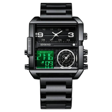 Binbond Sports Quartz Watch 45mm Stainless Steel Strap black square dual-display watch with luminous hands and calendar