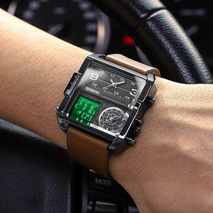 Binbond Sports Quartz Watch 45mm Stainless Steel Strap on wrist showing digital display, analog subdial, luminous hands and calendar