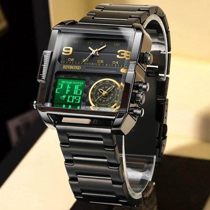 Binbond Sports Quartz Watch 45mm Stainless Steel Strap showing black metal case, digital display, analog subdial and stainless steel bracelet