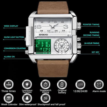 Binbond Sports Quartz Watch 45mm Stainless Steel Strap showing square dual-display face, luminous hands, calendar and 30m water resistance
