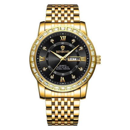 Binbond Luminous Dual Calendar Steel Strap Quartz Watch gold steel strap black dial luminous hands dual calendar water resistant 30m