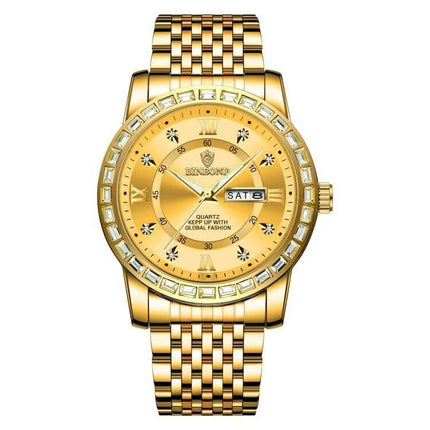 Binbond Luminous Dual Calendar Steel Strap Quartz Watch gold-tone metal case with steel strap, luminous hands and dual date display