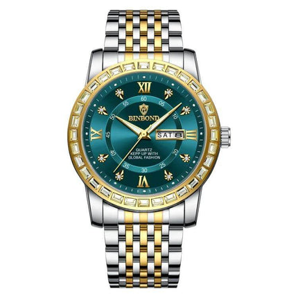 Binbond Luminous Dual Calendar Steel Strap Quartz Watch with green dial, luminous hands, dual day-date display and two-tone steel strap