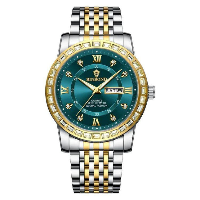 Binbond Luminous Dual Calendar Steel Strap Quartz Watch with green dial, luminous hands, dual day-date display and two-tone steel strap